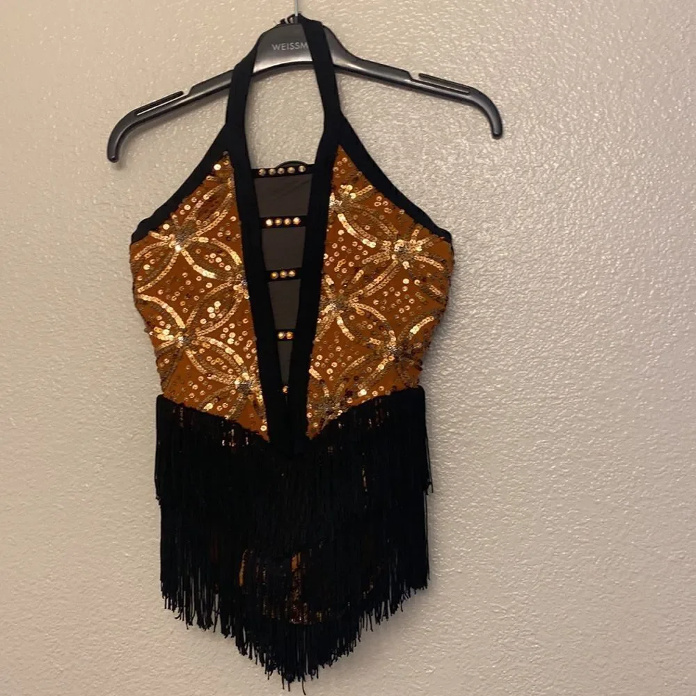 Weissman dance costume Orange sequin fringe flapper Clap Clap D12551 IC 7/8